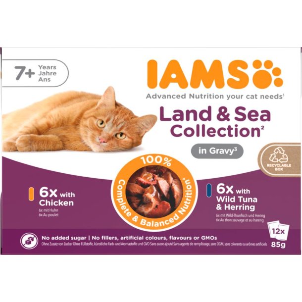 IAMS DELIGHT CAT Senior kd- og fiskesmag i sovs  12 x 85 G