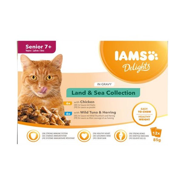 IAMS DELIGHT CAT Senior kd- og fiskesmag i sovs  12 x 85 G